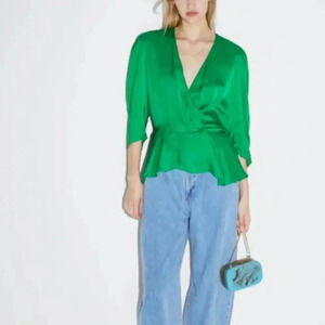 Zara Womens Satin Wrap Style Top Blouse Green 3/4 Sleeve Peplum Size XS